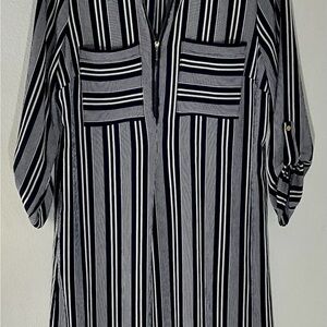 Mlle Gabrielle Women's Dress Navy White Striped Button Sleeves Size PL EUC Retro